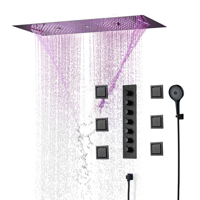 Fontana Dijon Luxurious Matte Black Thermostatic Recessed Ceiling Mount LED Musical Rainfall Shower System with Hand Shower, Touch Panel Light and Jetted Body Sprays